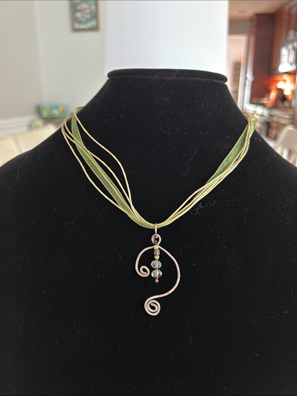 Green Multi-Strand Ribbon Necklace with Swirl Pendant